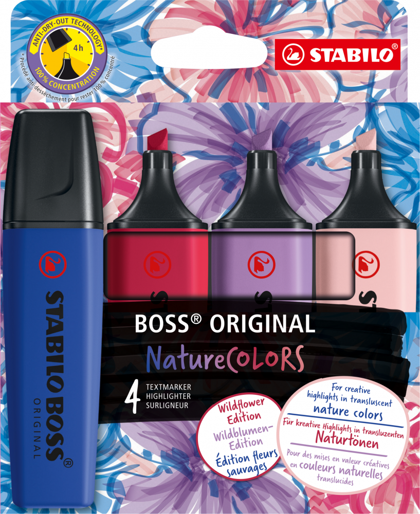 Zakreślacz Stabilo Boss Original NatureCOLORS Wildflowers, ścięta, 4 sztuki, mix kolorów