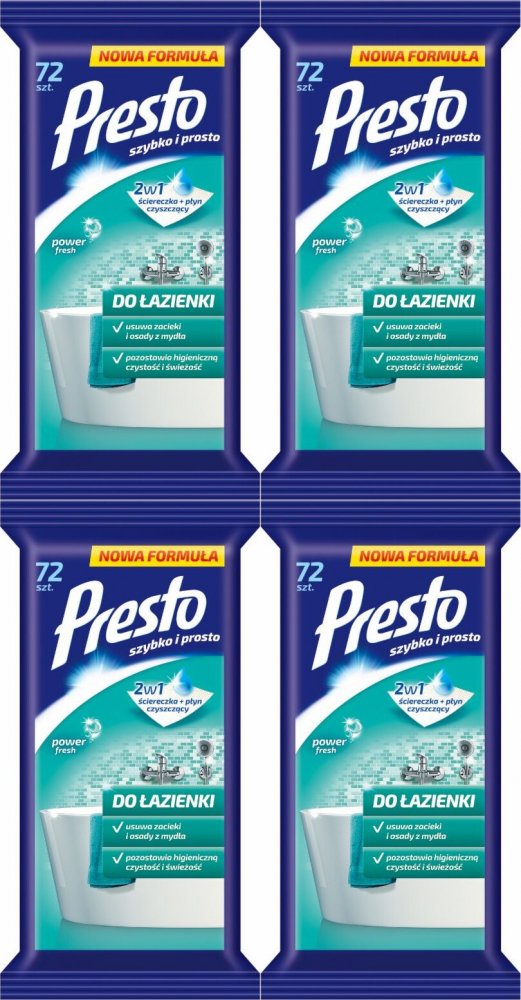 4x Chusteczki do czyszczenia łazienki Presto Clean, nawilżone, 72 sztuki