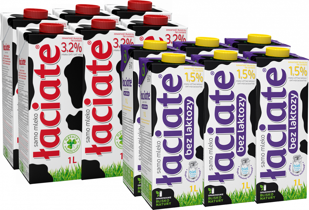 Zestaw: 6x Mleko UHT Łaciate, bez laktozy, 1.5%, 1l + 6x Mleko UHT Łaciate, 3.2%, 1l