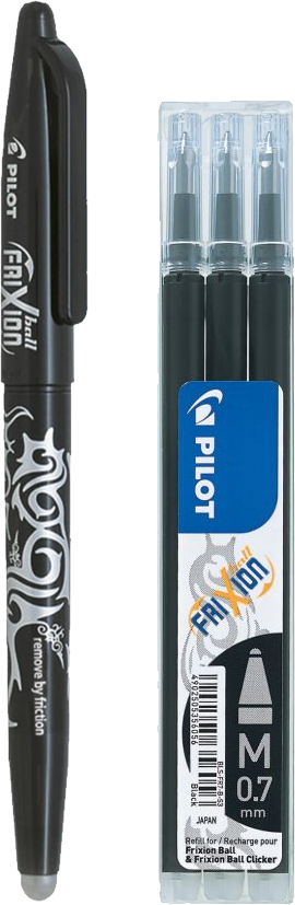 Zestaw 1x Pióro kulkowe wymazywalne Pilot Frixion Ball, 0.7mm, czarny + wkłady