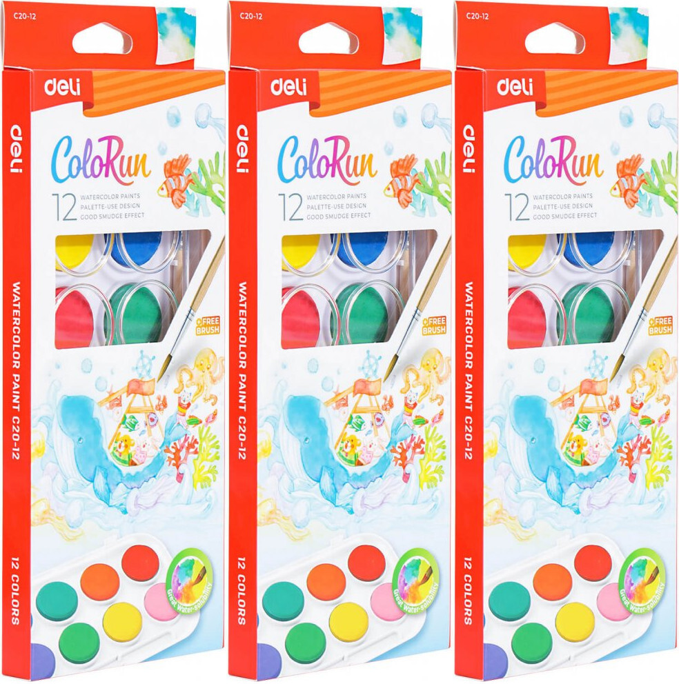 3x Farby akwarelowe Deli Colorun EC20 z pędzelkiem, 12 sztuk, mix kolorów