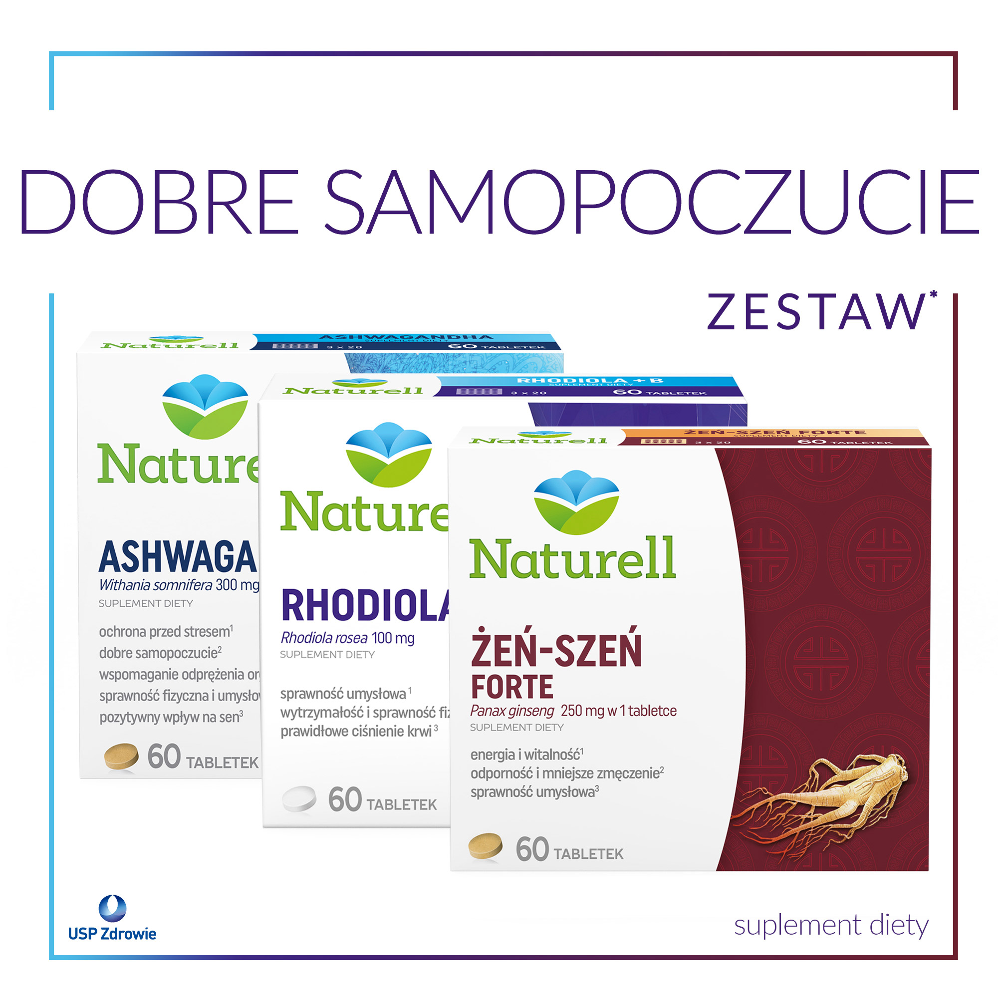 Naturell zestaw dobre samopoczucie: ashwagandha, 60 tabletek + rhodiola + b, 60 tabletek + żeń-szeń forte, 60 tabletek