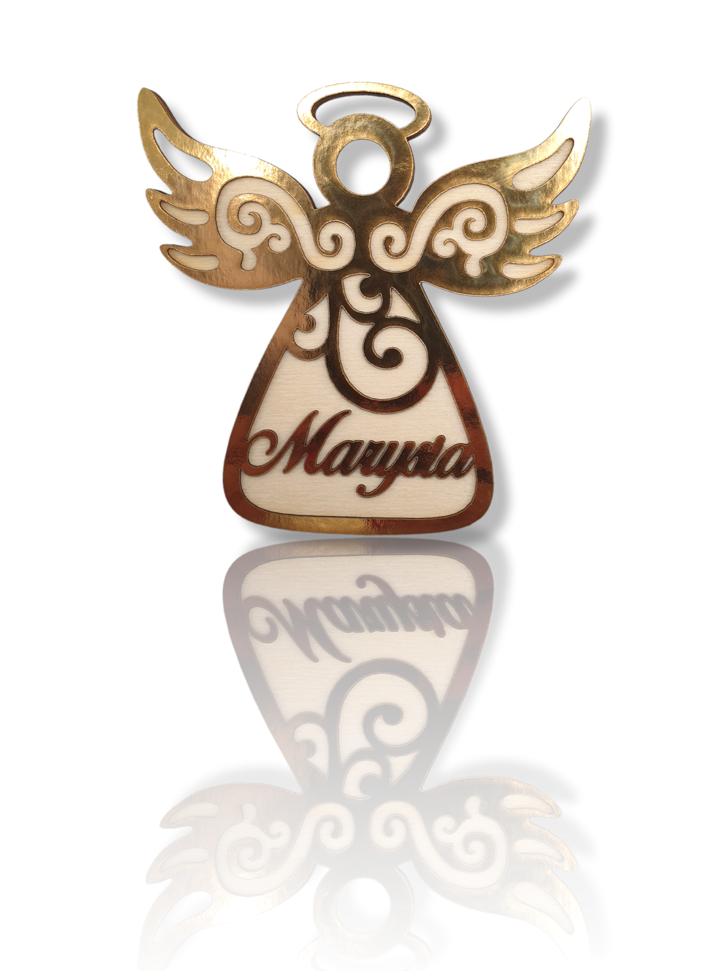 Bombka Imię - aniołek na choinkę, Złota zawieszka ażurowa z Logiem Firmowym, ozdoba na Boże Narodzenie prezent