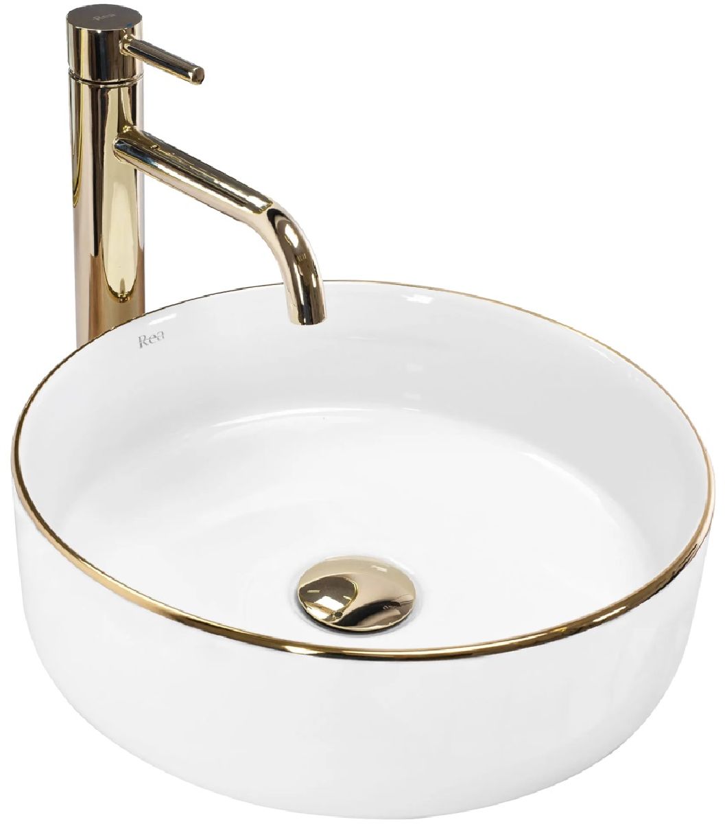 Darmowa Dostawa - Umywalka 36x36 cm okrągła nablatowa biała-złota Rea Sami REAU6758