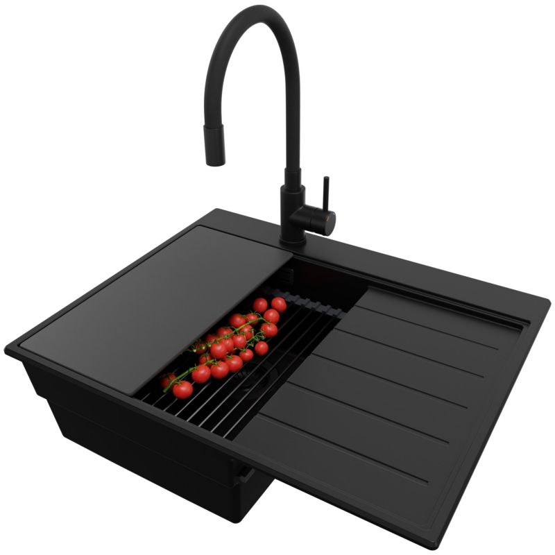 Zlewozmywak Granitowy Sydney PRIMAGRAN Nablatowy 62x50cm, Cały Czarny + Bateria + Syfon + Akcesorium, S096, 1 szt.