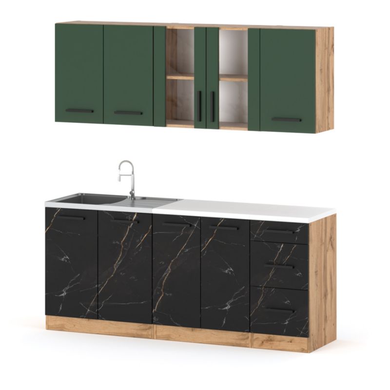 Zestaw Kuchenny Hurtownia-Mebli Z Blatem Kuchnia Rest 200cm Dąb Wotan Butelkowa Zieleń/San Sebastian 200x47x145 cm 1szt.