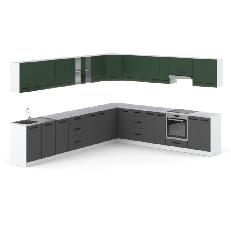 Zestaw Kuchenny Hurtownia-Mebli Z Blatem Kuchnia narożna Rossa 680cm Biały Mat Butelkowa Zieleń/Szary Mat 680x47x145 cm 1szt.