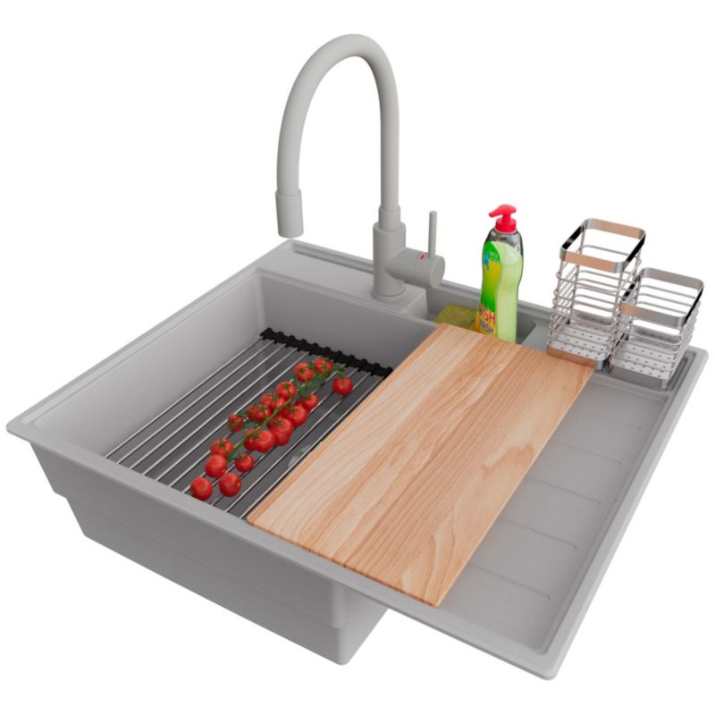 Zlewozmywak Granitowy Sydney Pocket PRIMAGRAN Nablatowy 62x53cm, Szary + Bateria + Syfon + Akcesorium, S088, 1 szt.