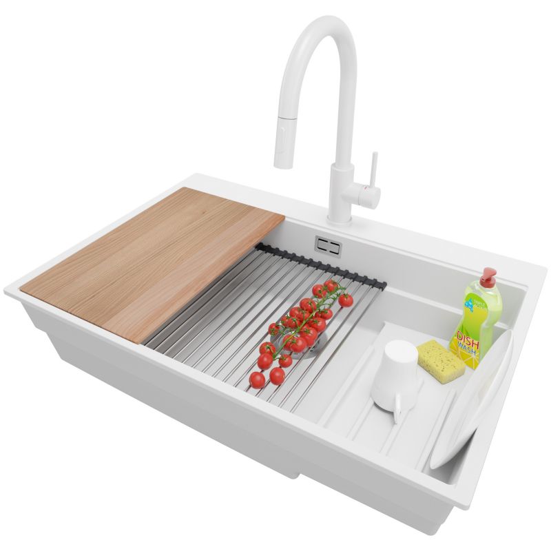 Zlewozmywak Granitowy Oslo Max PRIMAGRAN Nablatowy 78x53cm do szafki od 80cm, Biały + Bateria + Syfon + Akcesoria, S106, 1 szt.