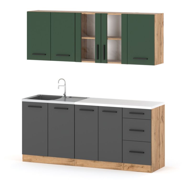 Zestaw Kuchenny Hurtownia-Mebli Z Blatem Kuchnia Rest 200cm Dąb Wotan Butelkowa Zieleń/Szary Mat 200x47x145 cm 1szt.