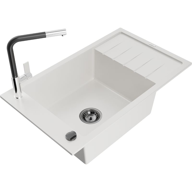 Zlewozmywak granitowy 1-komorowy Mexen Elias z ociekaczem i baterią kuchenną Flora biały 6511-20-670401-07-B