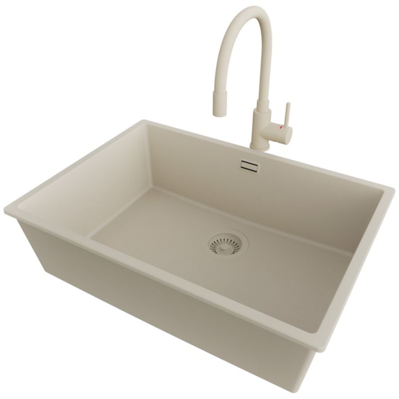 Zlewozmywak podblatowy Londyn PRIMAGRAN 66x47cm do szafki od 70cm, Beżowy + Bateria 38x14cm + Syfon, S420, 1 szt.