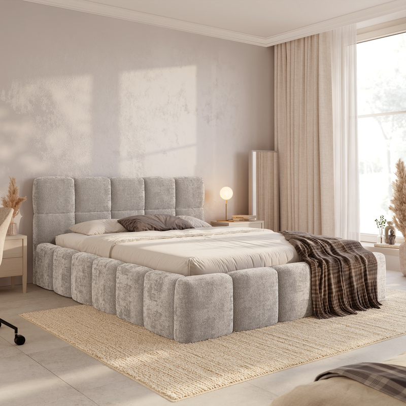 Łóżko 160x200 z pojemnikiem tapicerowane CUDDY beżowe do sypialni