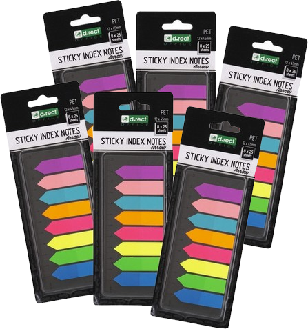 6x Zakładki samoprzylepne z linijką D.Rect, strzałki, indeksujące, folia, 12x45mm, 8x25 sztuk, mix kolorów neonowych