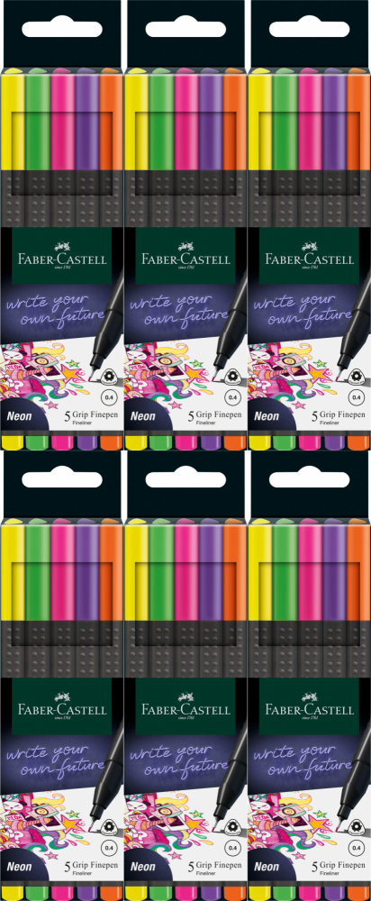 6x Cienkopis Faber Castell Grip, 0.4mm, 5 sztuk, mix kolorów neonowych
