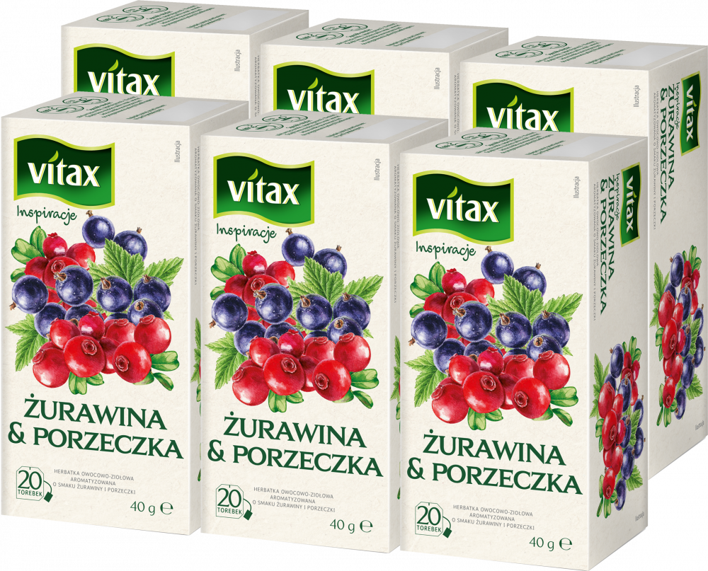 6x Herbata owocowa w torebkach Vitax Inspirations, żurawina i porzeczka, 20 sztuk x 2g