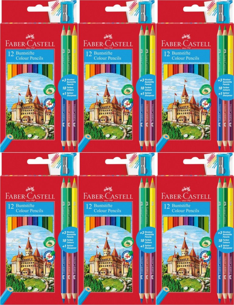 6x Kredki ołówkowe Faber Castell Zamek, 12 sztuk + 3 kredki dwustronne Bicolor + temperówka. mix kolorów