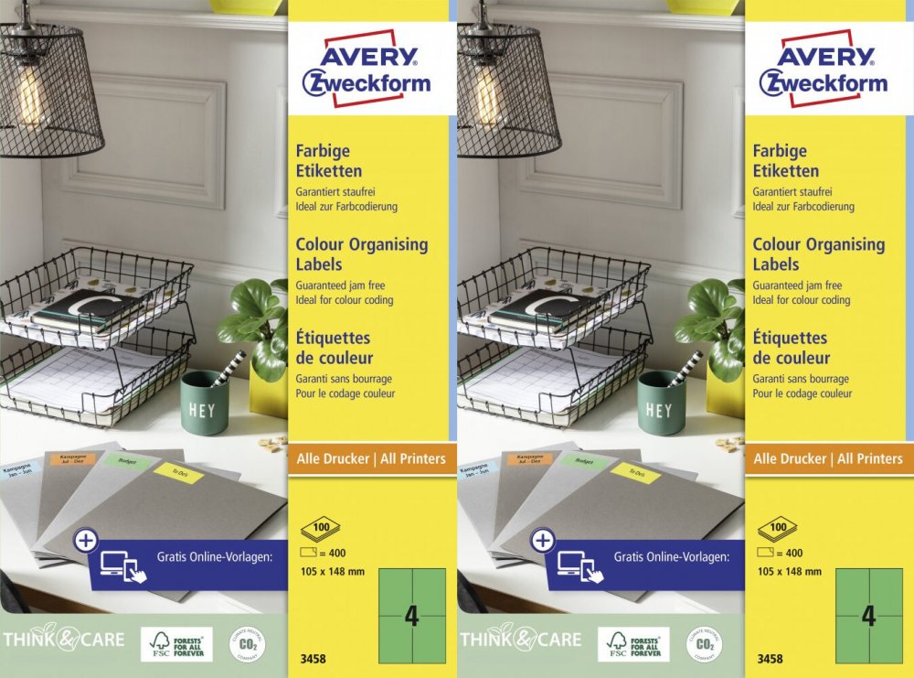 2x Etykiety Avery Zweckform, 105x148mm, trwałe, 100 arkuszy, zielony