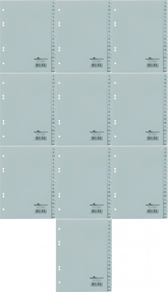 10x Przekładki do segregatora Donau, plastikowe, alfabetyczne (A-Z), A5, 20 kart, szary