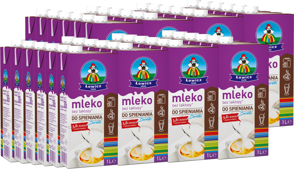 48x Mleko UHT do spieniania Łowicz, bez laktozy, 3% tłuszczu/ 3.8% białka, 1l