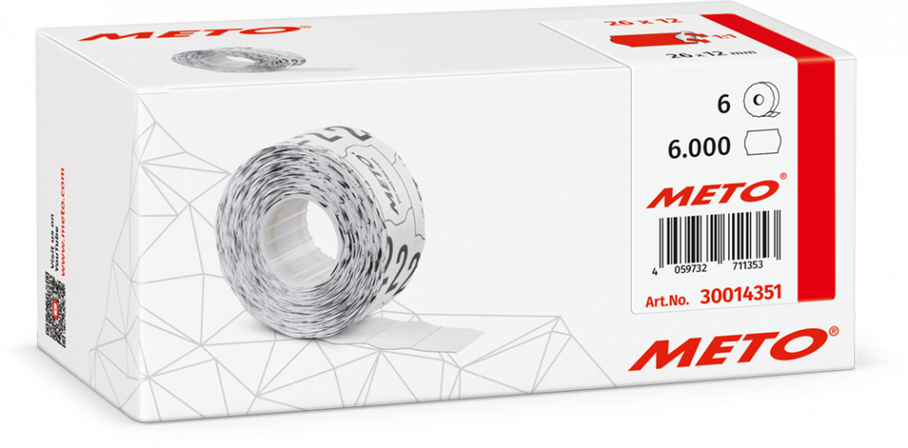 Etykiety cenowe w rolce Meto, do metkownicy jednorzędowej, 26x12 mm, 1000 sztuk, 6 rolek, czerwony