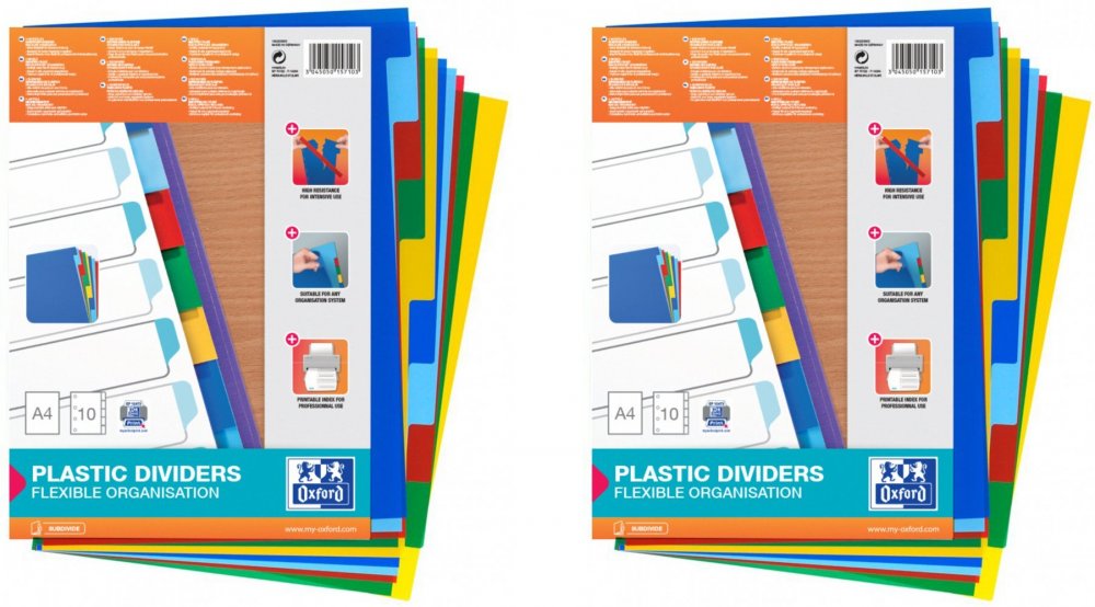 2x Przekładki do segregatora Oxford, plastikowe, A4, 10 kart, mix kolorów