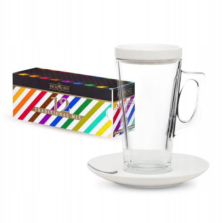 Zestaw do parzenia herbaty Richmont Hot, szklana 400ml z wieczkiem i spodkiem+ zestaw herbat Richmont Traditional w torebkach 12 sztuk