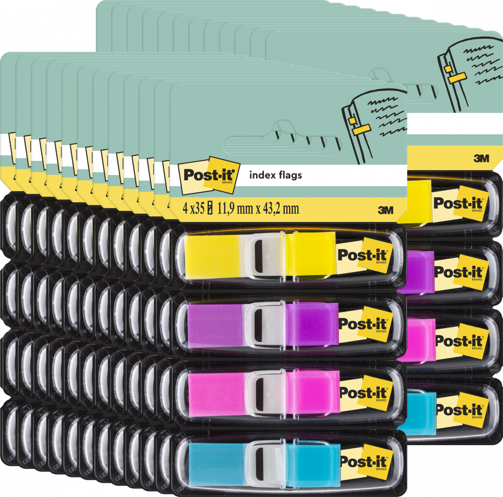 24x Zakładki samoprzylepne Post-it proste, indeksujące, folia, półtransparentne, 11.9x43.1mm, 4x35 sztuk, mix kolorów neonowych