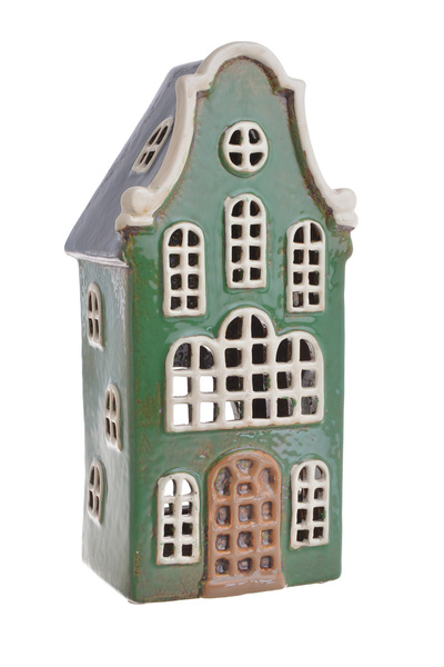 Domek Holenderski T-light kamienica zielony, szary dach, brązowe drzwi 2 piętra
