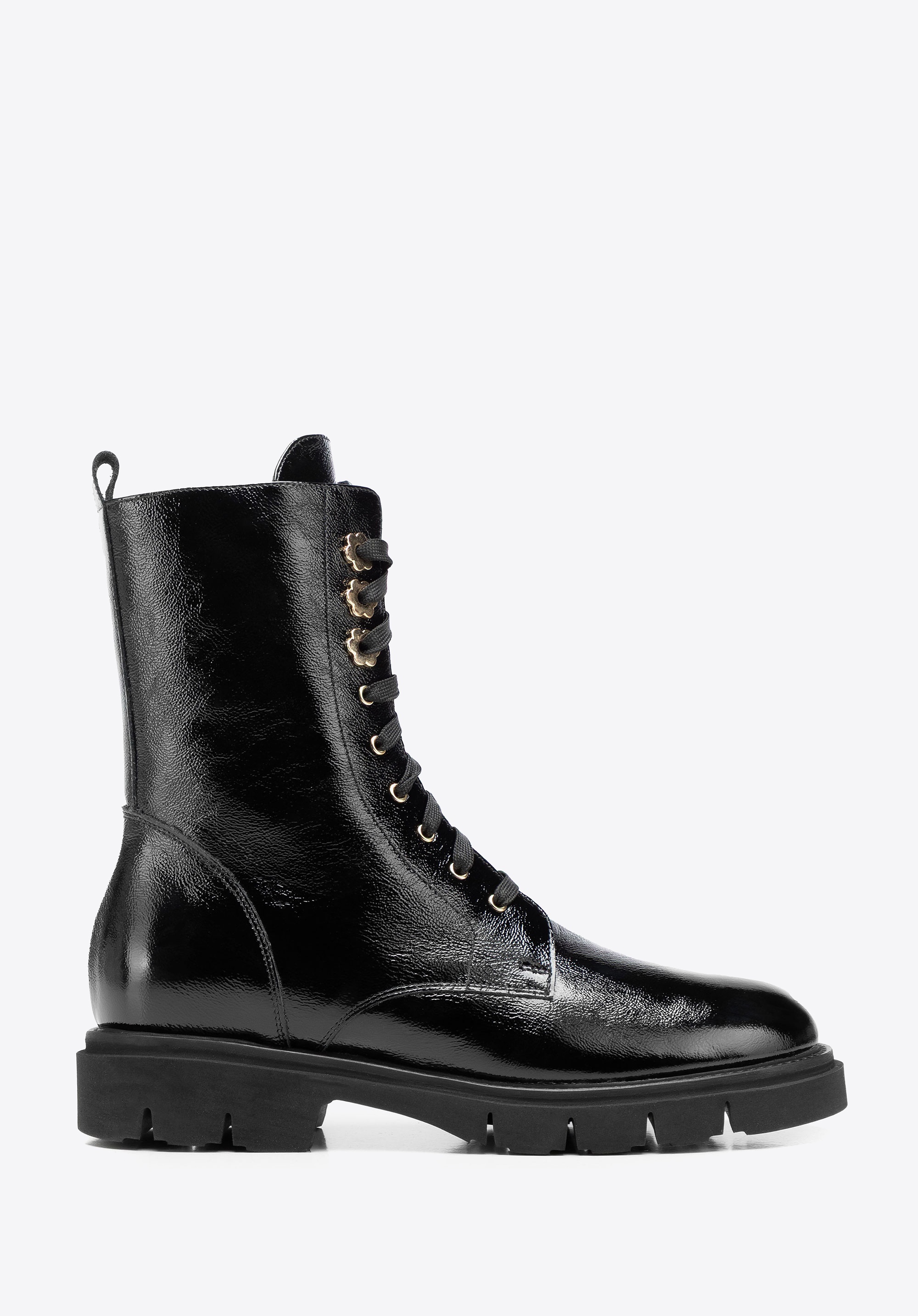 Damskie botki ze skóry naturalnej lakierowanej czarne