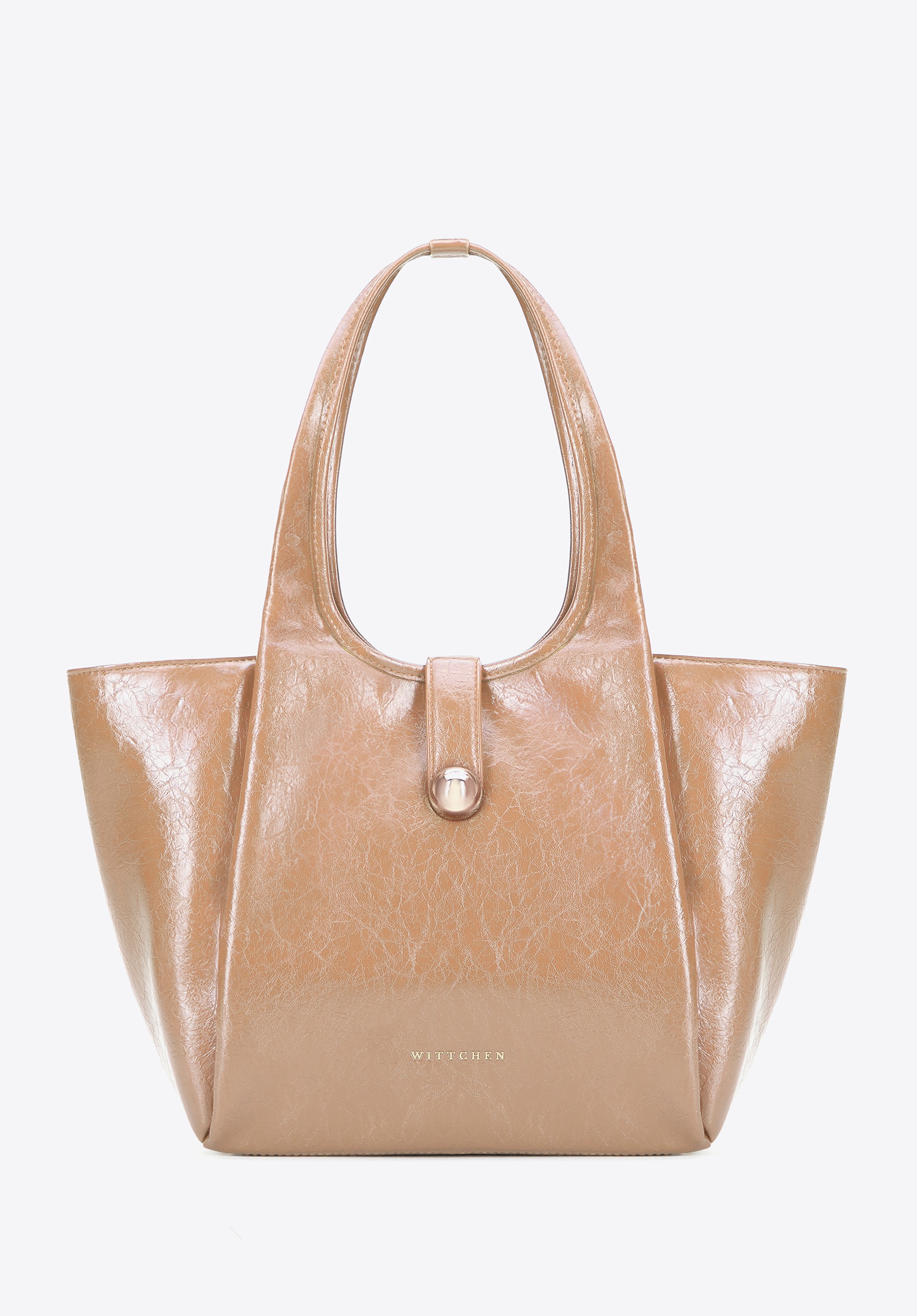 Damska shopperka z imitacji skóry z ozdobnym paskiem beżowa