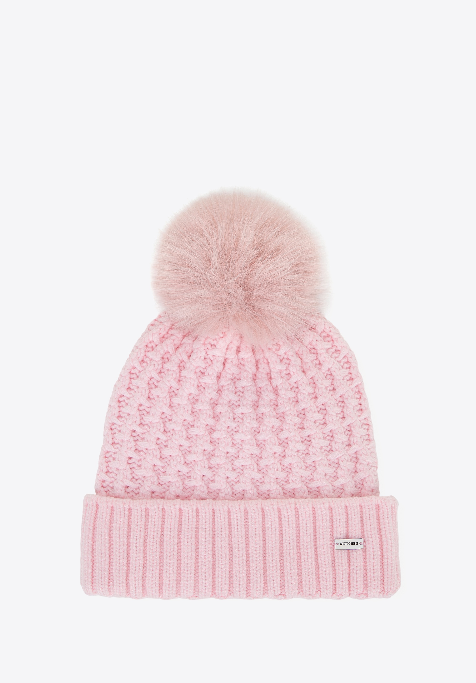 Czapka damska o splocie w drobny wzór jasnoróżowa