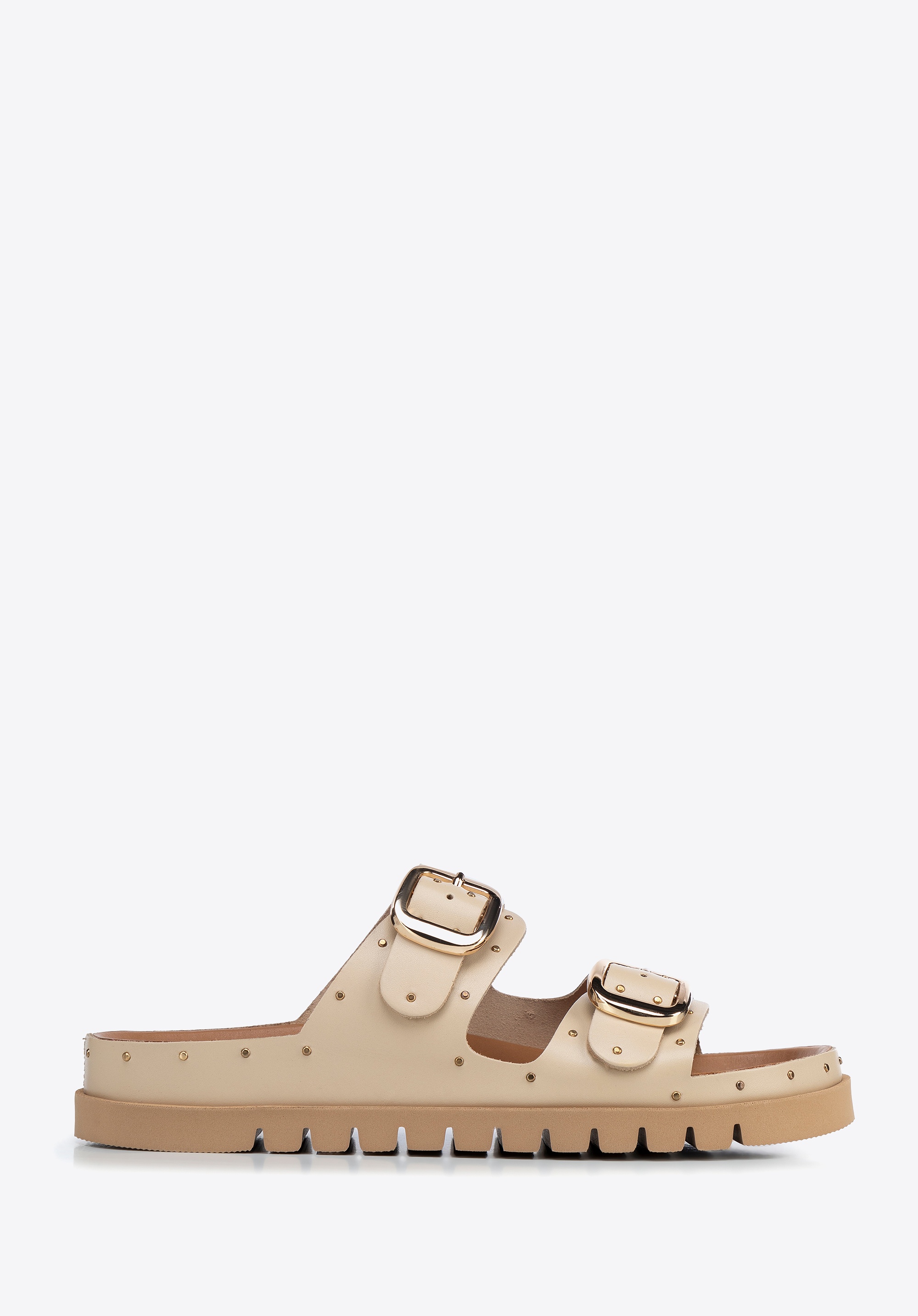 Damskie klapki ze skóry z nitami beżowe