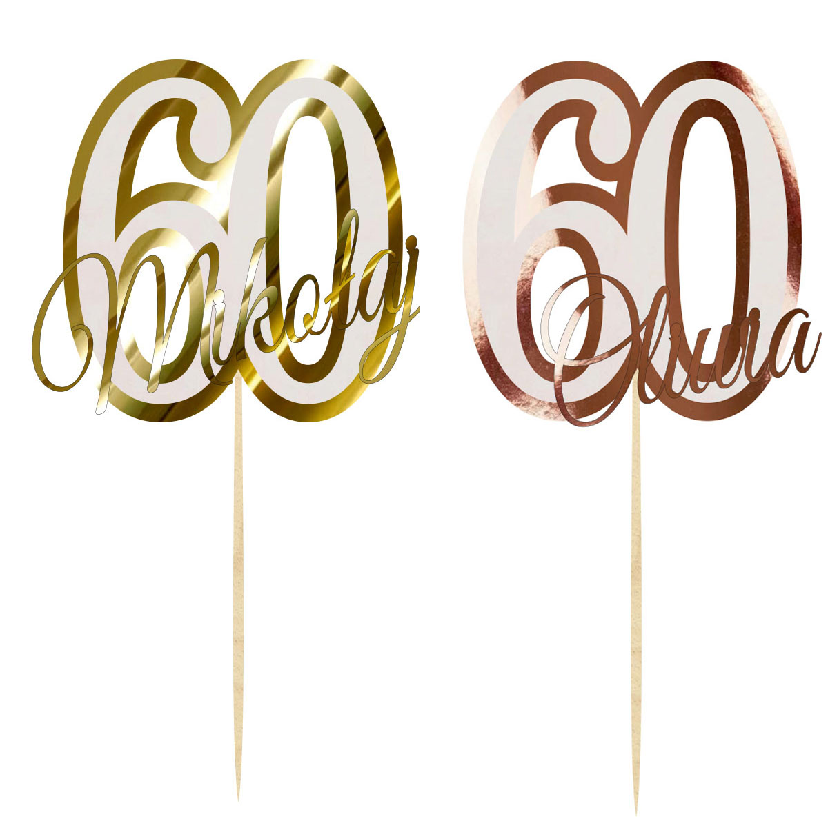 Topper urodzinowy cyferka liczba 60 z imieniem dekoracja na tort pik lustrzane złoto lub różowe złoto