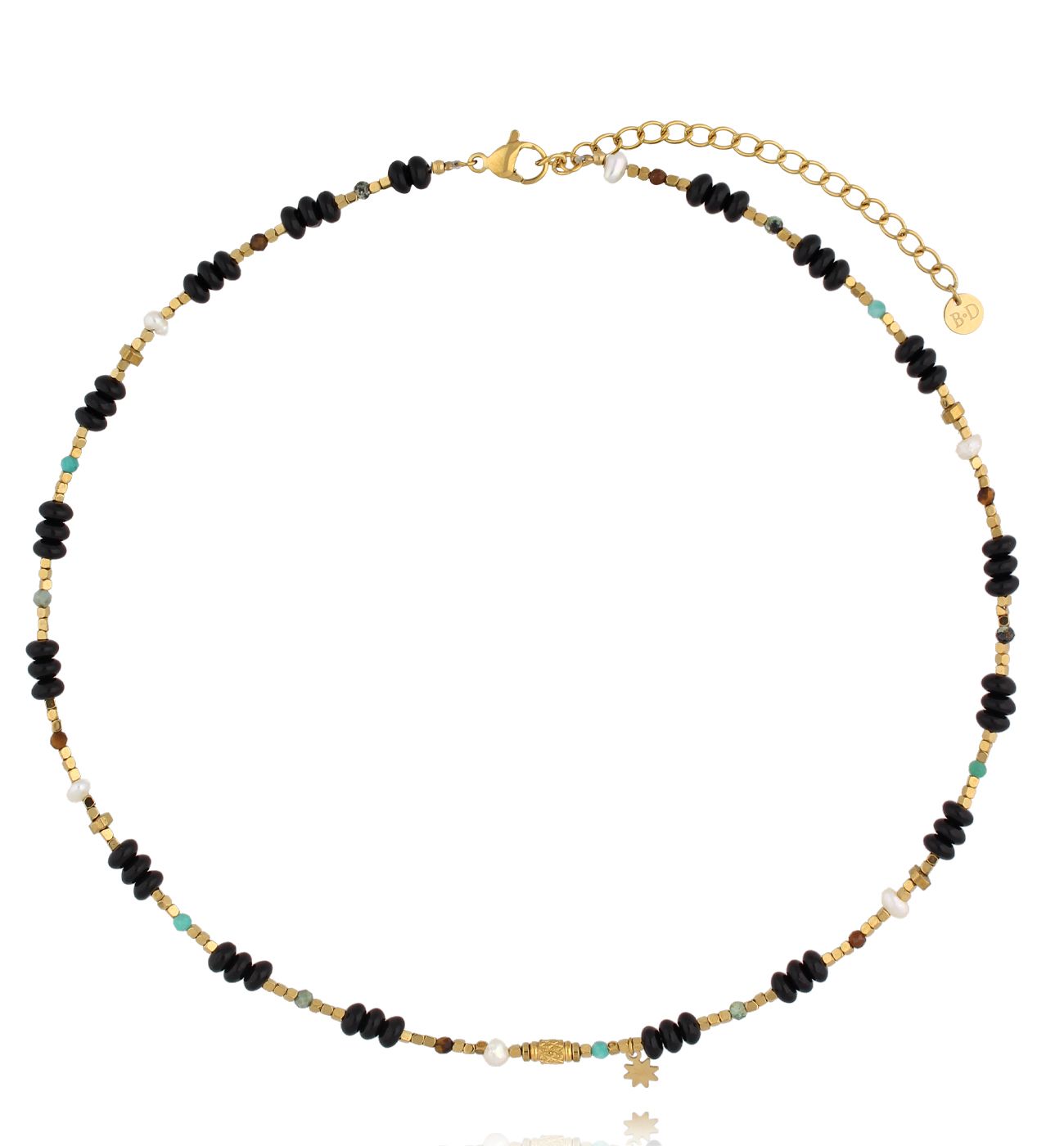 Naszyjnik z czarnego agatu, muszli i afrykańskiego turkusu NEA0078