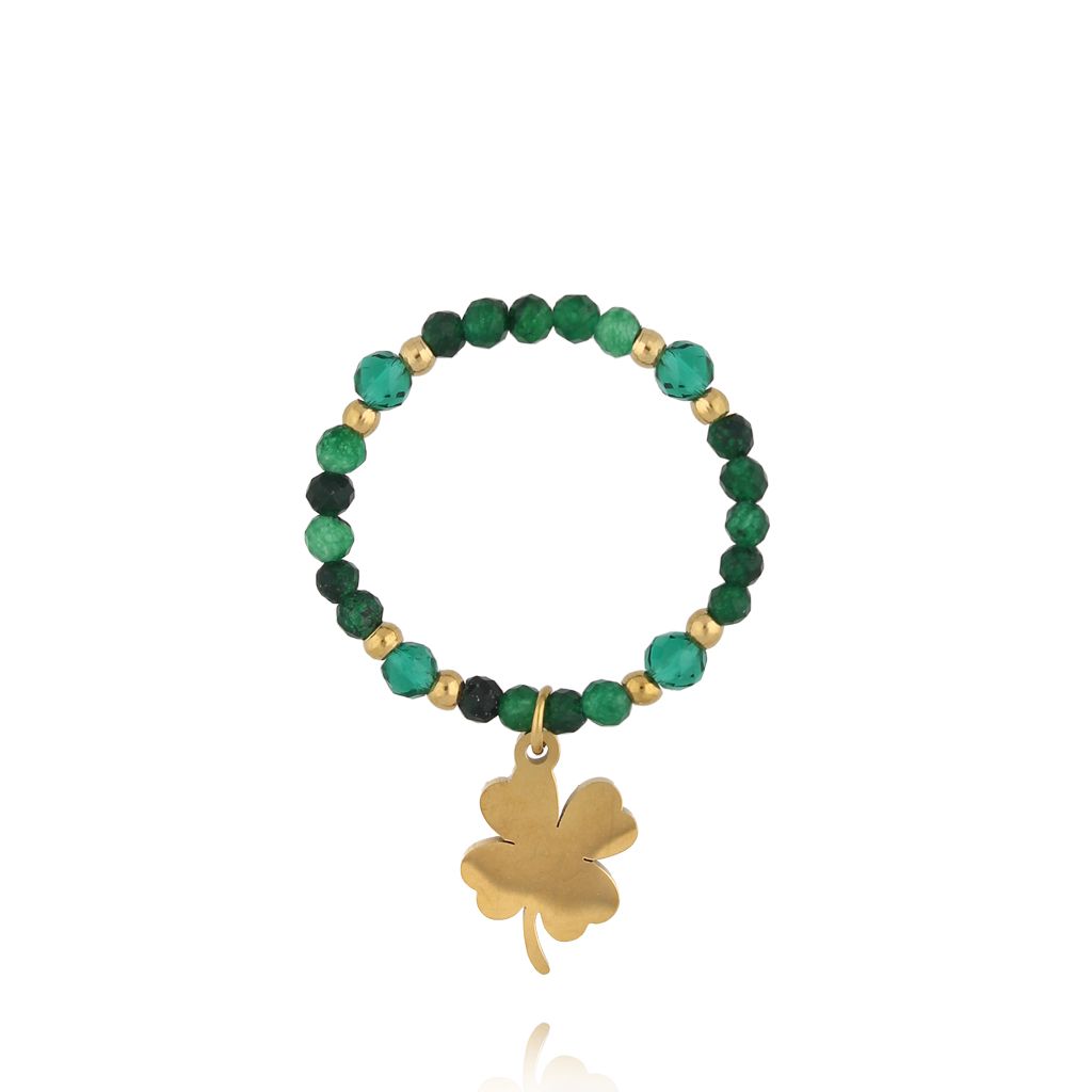 Pierścionek elastyczny zielony z koniczynką - By Dziubeka