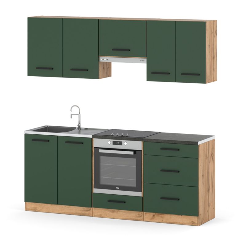 Zestaw Kuchenny Hurtownia-Mebli Z Blatem Kuchnia Mini Mokka Full 200cm Dąb Wotan Butelkowa Zieleń 200x47x145 cm 1szt.