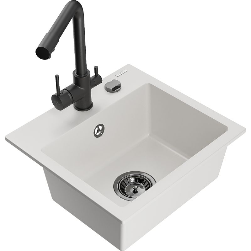 Zlewozmywak granitowy 1-komorowy Mexen Milo z baterią kuchenną Duero czarny - 6505-77-671600-50 1 szt.