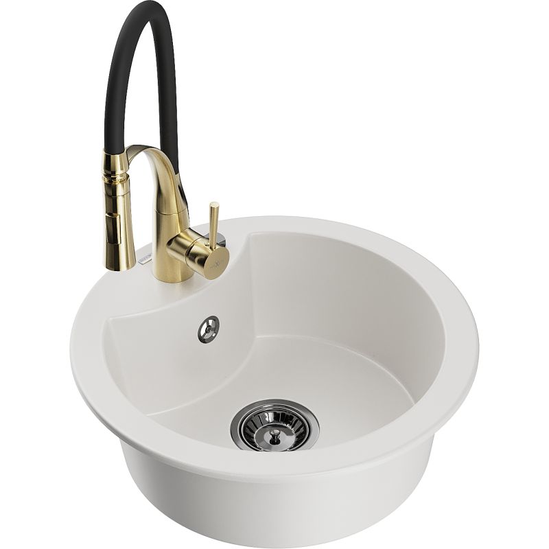 Zlewozmywak granitowy 1-komorowy Mexen Diego z baterią kuchenną Aster biały 6512-20-73450-57-B