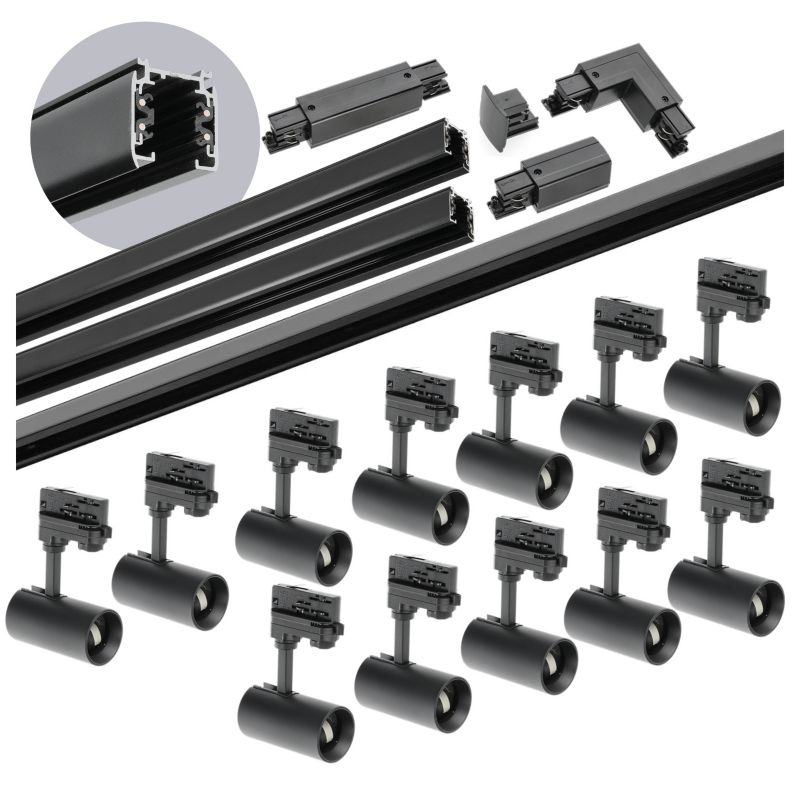 Oświetlenie szynowe 3-fazowe Kobi 1m+1m+2m, 12x Lampa, łącznik I + L czarny 1kpl.