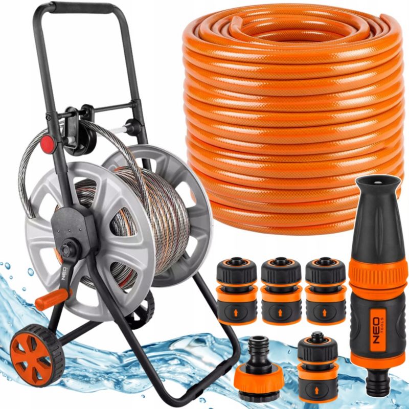 Wąż ogrodowy na bębnie metalowym ze zraszaczem prostym i złączkami NEO TOOLS, 50 m, 1/2", 1 kpl.