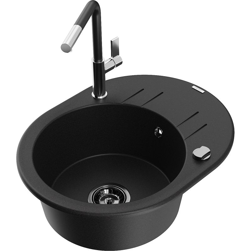 Zlewozmywak granitowy 1-komorowy Mexen Kevin z ociekaczem i baterią kuchenną Flora czarny - 6517-77-670401-57-B 1 szt.