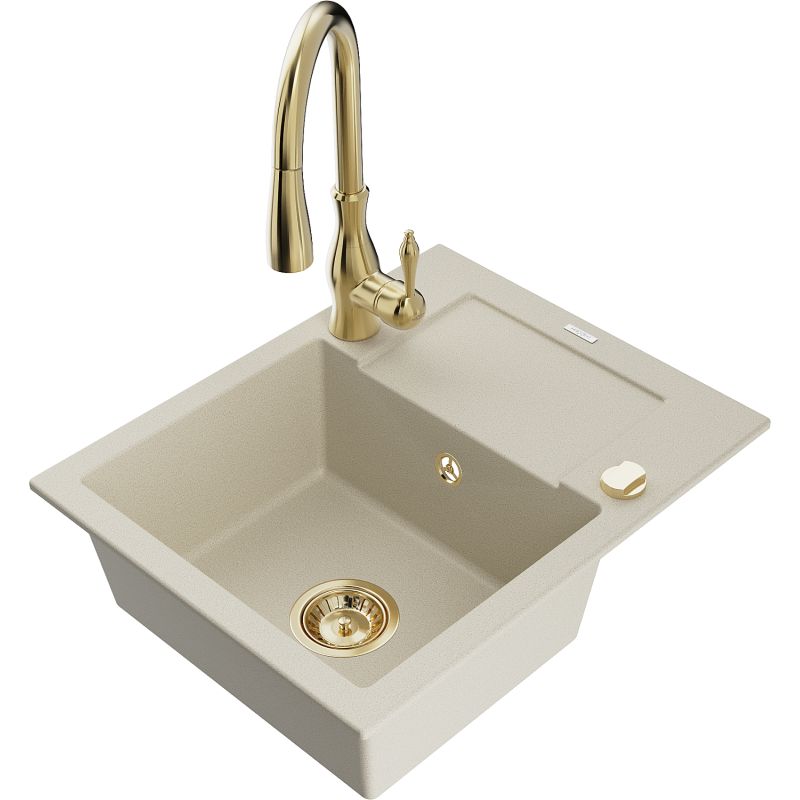 Zlewozmywak granitowy 1-komorowy Mexen Enzo z ociekaczem i baterią kuchenną Savita beżowy - 6506-69-672601-69 1 szt.