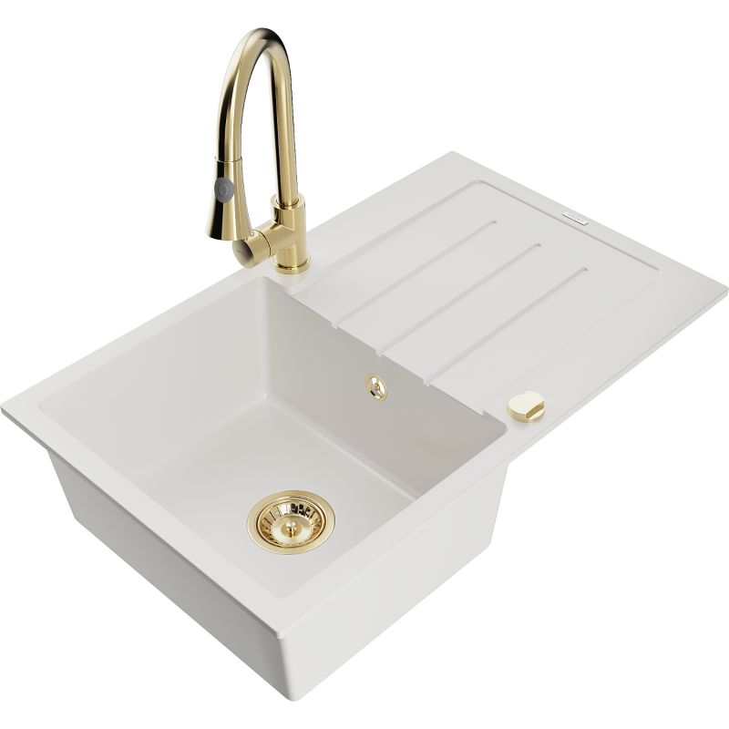 Zlewozmywak granitowy 1-komorowy Mexen Bruno z ociekaczem i baterią kuchenną Elia biały 6513-20-670101-50