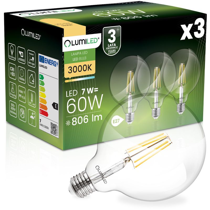 Żarówka LED Lumiled E27 Kula G125 7W 806lm 3000K 360st Filament 3 szt.