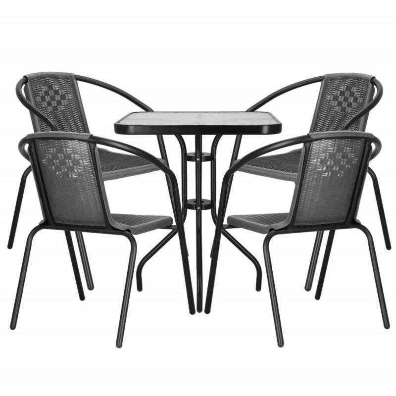 Meble na balkon Springos stolik kawowy z kwadratowym blatem z szkła hartowanego 4 krzesła metalowe do ogrodu czarno-szary 1 kpl.