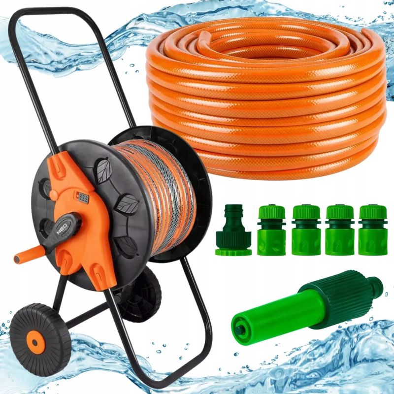 Wąż ogrodowy na bębnie ze zraszaczem prostym i złączkami NEO TOOLS, 30 m, 1/2", 1 kpl.