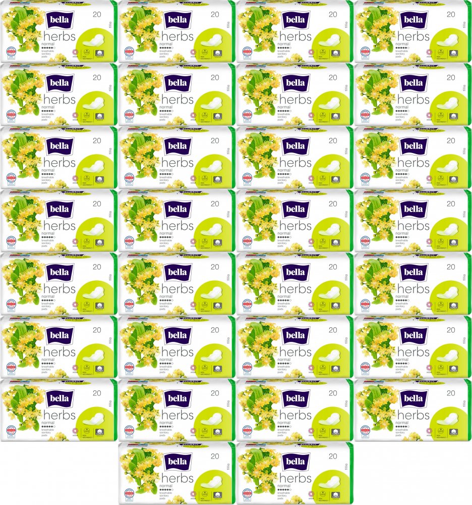 36x Podpaski Bella Herbs Tilia z kwiatem lipy, Normal, ze skrzydełkami, 20 sztuk