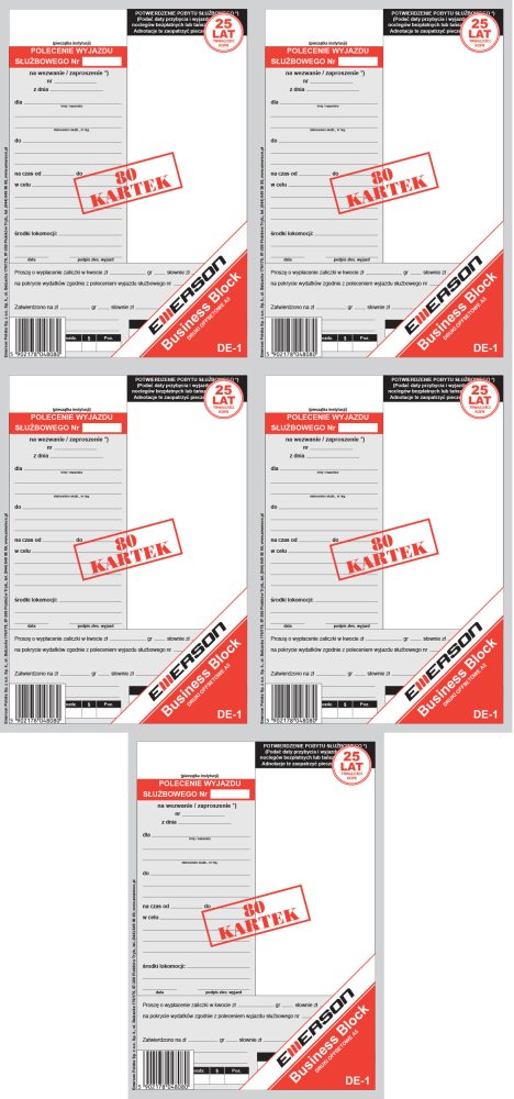 5x Druk akcydensowy Delegacja-polecenie wyjazdu służbowego Emerson DE-1, A5, offsetowy, 80k 1 bloczek