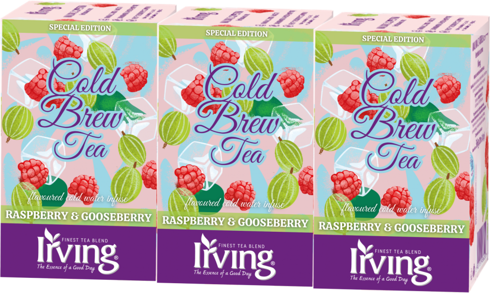 3x Herbata owocowo-ziołowa w kopertach Irving Cold Brew Tea, na zimno, malina i agrest, 20 sztuk x 1.8g